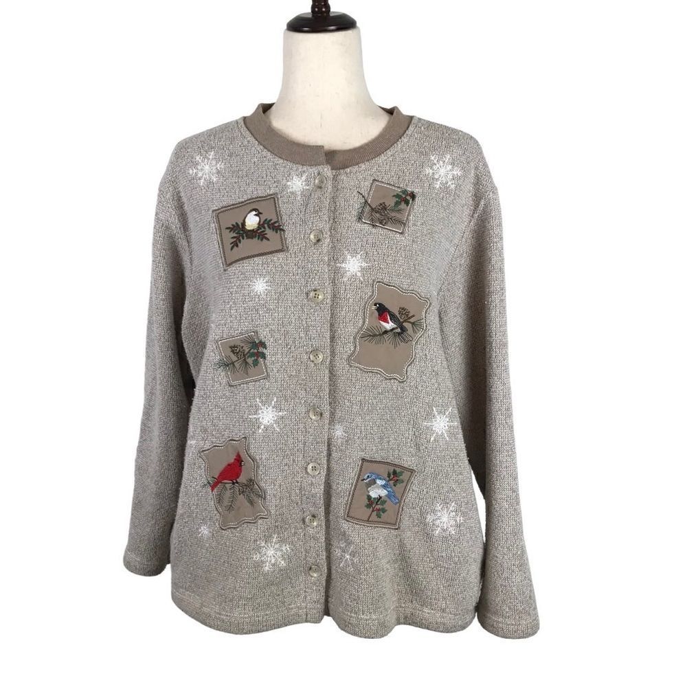 Vintage Y2K Bon Worth birds of winter Christmas button up grannycore cardigan PL
